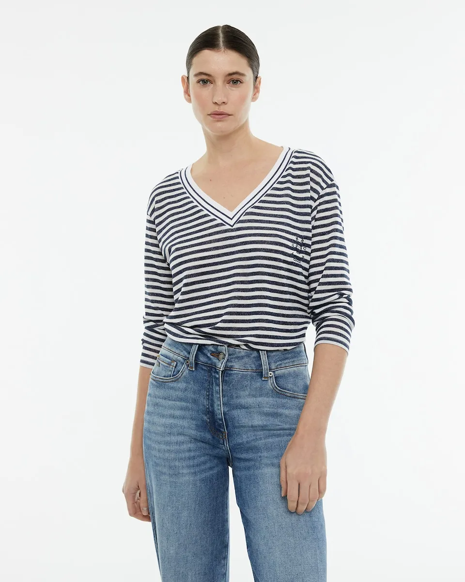 Женская футболка с полосатым принтом, длинными рукавами и V-образным вырезом Andam, тёмно-синий
Женская футболка с полосатым принтом, длинными рукавами и V-образным вырезом Andam, тёмно-синий