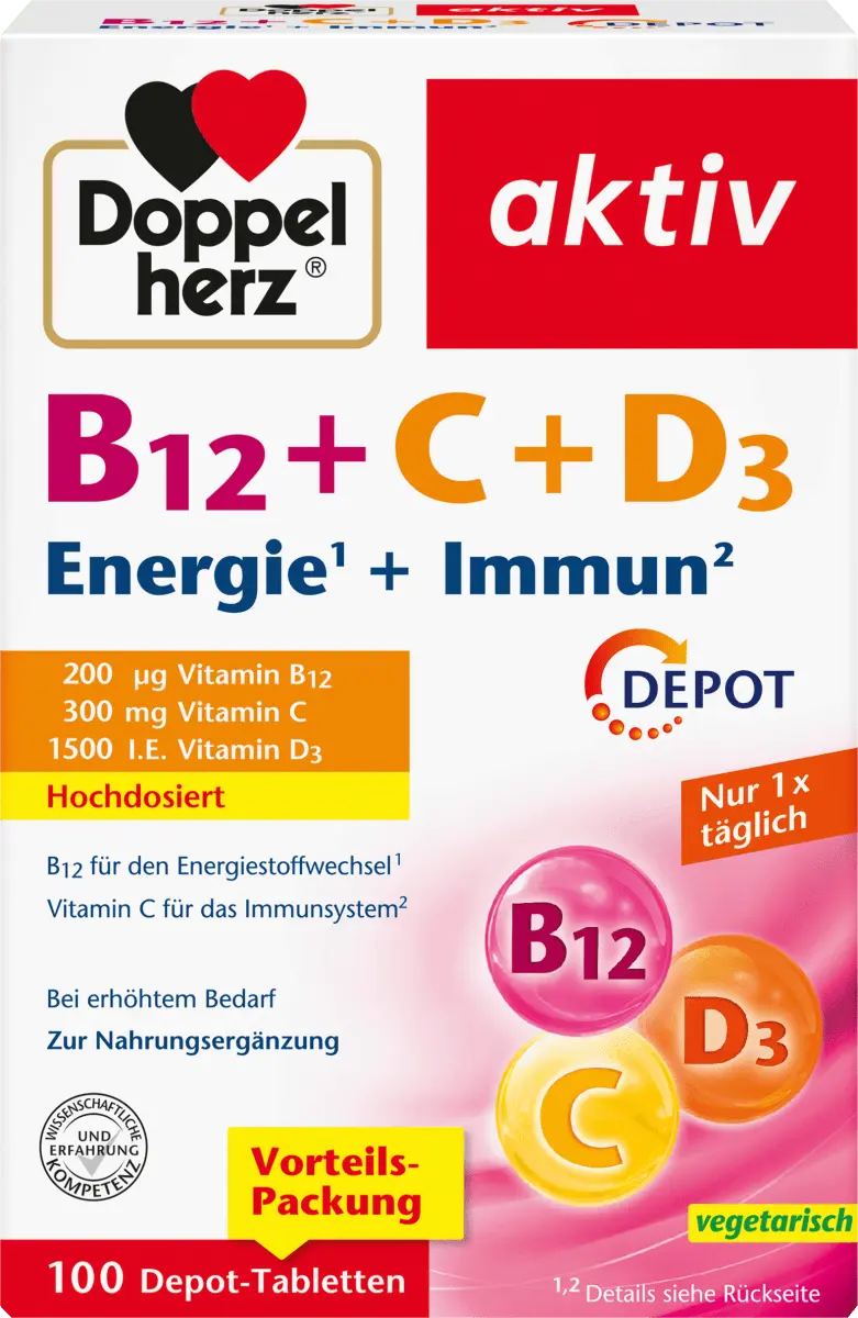 Таблетки B12+C+D3 Energy+Immune 100шт 110г Doppelherz
Таблетки B12+C+D3 Energy+Immune 100шт 110г Doppelherz