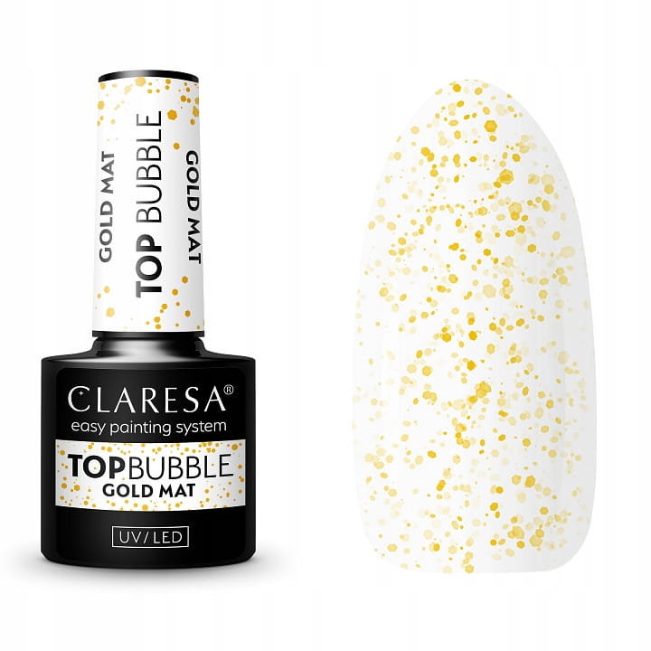 Claresa, Top Bubble Gold Mat No Wipe, Матовый топ (без вытирания) с золотыми частицами, 5 г
Claresa, Top Bubble Gold Mat No Wipe, Матовый топ (без вытирания) с золотыми частицами, 5 г