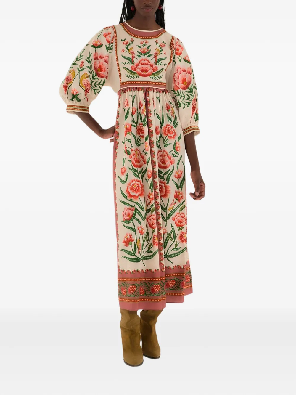 Платье миди с цветочной вышивкой и рукавами-буфами FARM Rio, нейтральный 
Платье миди с цветочной вышивкой и рукавами-буфами FARM Rio, нейтральный