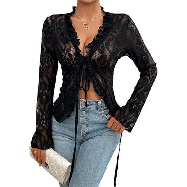 Женский топ с открытым передом, длинными рукавами, оборками и кружевной сеткой Yesfashion, Black
Женский топ с открытым передом, длинными рукавами, оборками и кружевной сеткой Yesfashion, Black