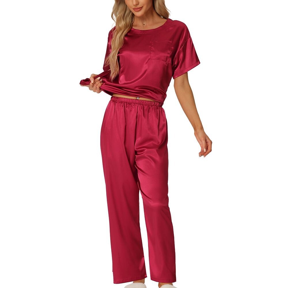 Женские атласные пижамы, летние наряды, топы с короткими рукавами и брюки, шелковистые комплекты для отдыха Cheibear, красный
Женские атласные пижамы, летние наряды, топы с короткими рукавами и брюки, шелковистые комплекты для отдыха Cheibear, красный