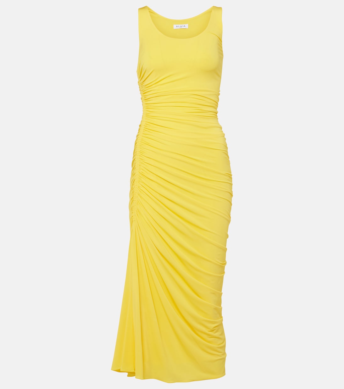 Платье миди из джерси с асимметричной сборкой Alaïa, Jaune Vif 
Платье миди из джерси с асимметричной сборкой Alaïa, Jaune Vif