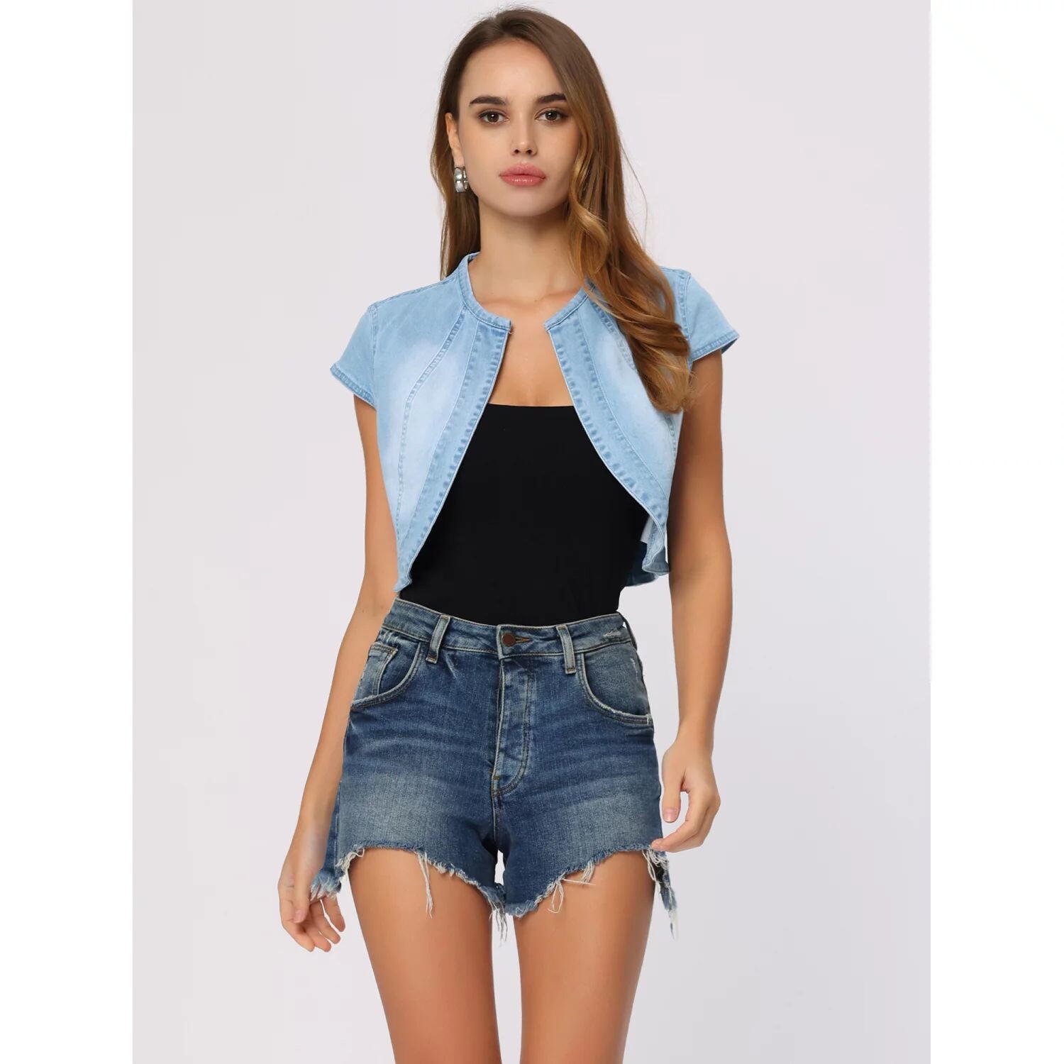 Женский повседневный укороченный джинсовый кардиган, джинсовая куртка с короткими рукавами и зауженным кроем ALLEGRA K, светло-синий
Женский повседневный укороченный джинсовый кардиган, джинсовая куртка с короткими рукавами и зауженным кроем ALLEGRA K, светло-синий