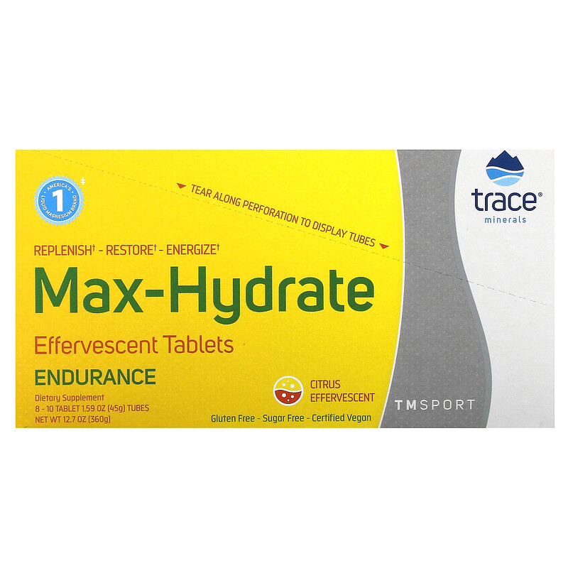 Trace, TM Sport, Max-Hydrate Endurance, шипучие таблетки для пополнения электролитов, со вкусом цитрусовых, 8 туб, по 10 таблеток в каждой
Trace, TM Sport, Max-Hydrate Endurance, шипучие таблетки для пополнения электролитов, со вкусом цитрусовых, 8 туб, по 10 таблеток в каждой
