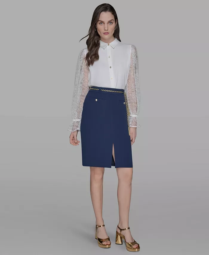 Женская юбка-карандаш с цепочным поясом и разрезом спереди KARL LAGERFELD PARIS, синий 
Женская юбка-карандаш с цепочным поясом и разрезом спереди KARL LAGERFELD PARIS, синий