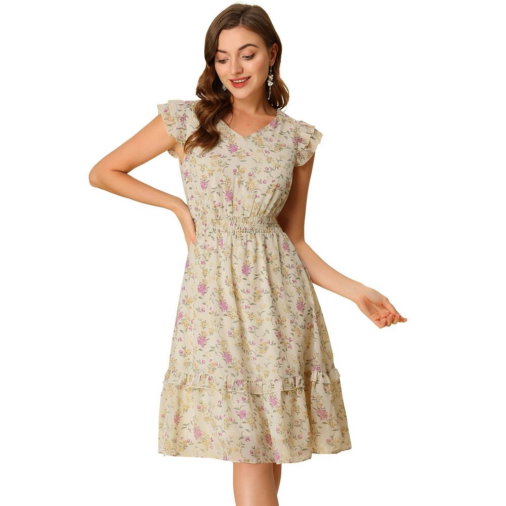 Женские платья с развевающимися рукавами и V-образным вырезом, присборенной талией, рюшами и цветочным принтом ALLEGRA K, цвет Dark Apricot 
Женские платья с развевающимися рукавами и V-образным вырезом, присборенной талией, рюшами и цветочным принтом ALLEGRA K, цвет Dark Apricot