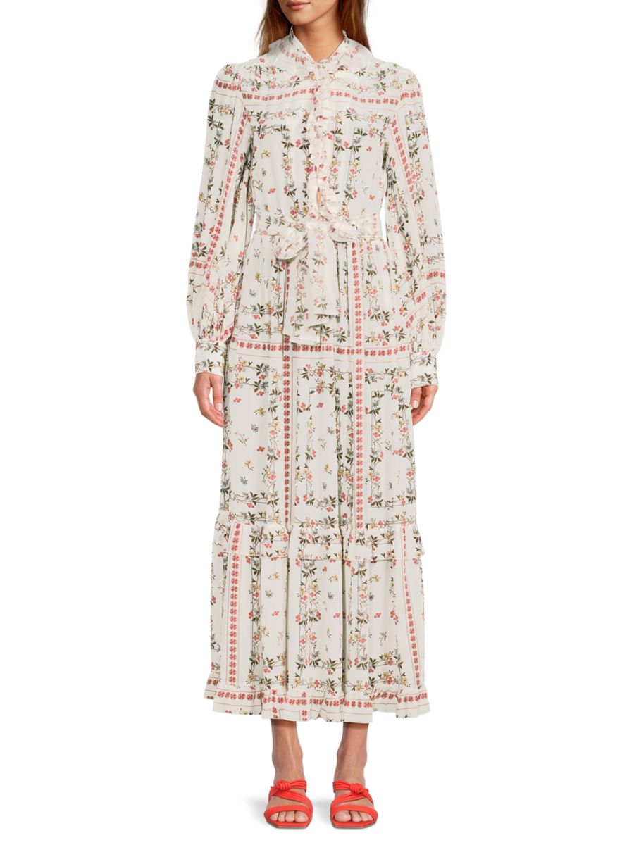 Шелковое платье макси с принтом и оборками Etro, белый 
Шелковое платье макси с принтом и оборками Etro, белый