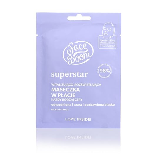 Оживляющая и осветляющая тканевая маска FaceBoom, SuperStar
Оживляющая и осветляющая тканевая маска FaceBoom, SuperStar