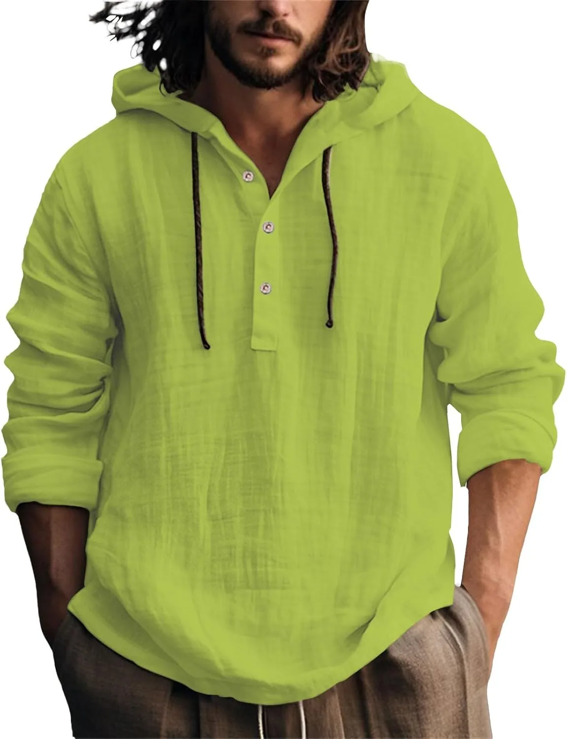 Мужская льняная рубашка с капюшоном на четверть пуговиц
Мужская льняная рубашка с капюшоном на четверть пуговиц