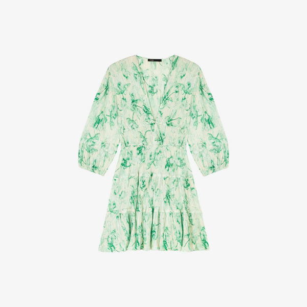 Платье мини Maje с V-образным вырезом и принтом, зелено-белый 
Платье мини Maje с V-образным вырезом и принтом, зелено-белый
