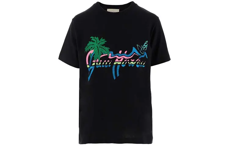 Футболка женская Gucci с цветным принтом, черный 
Футболка женская Gucci с цветным принтом, черный