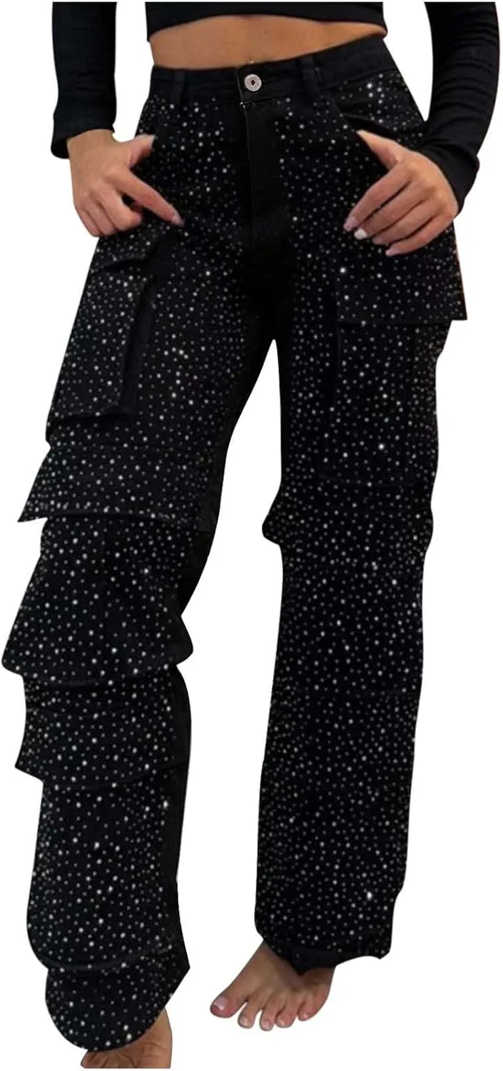 Женские джинсы с пайетками Black Straight High Waisted
Женские джинсы с пайетками Black Straight High Waisted