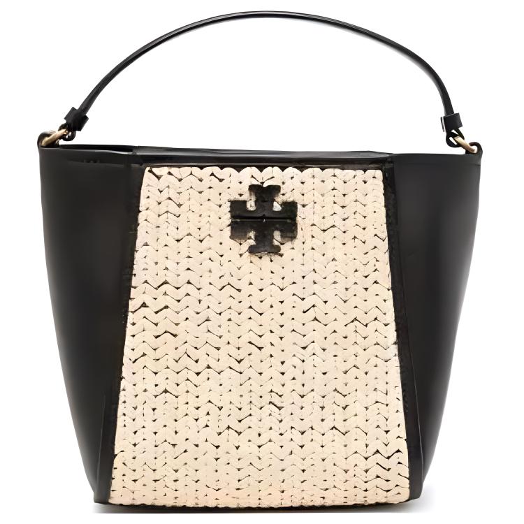 Сумка-ведро McGraw из рафии с кожаной пряжкой Портативная сумка через плечо Маленький размер Женская черная и соломенная TORY BURCH