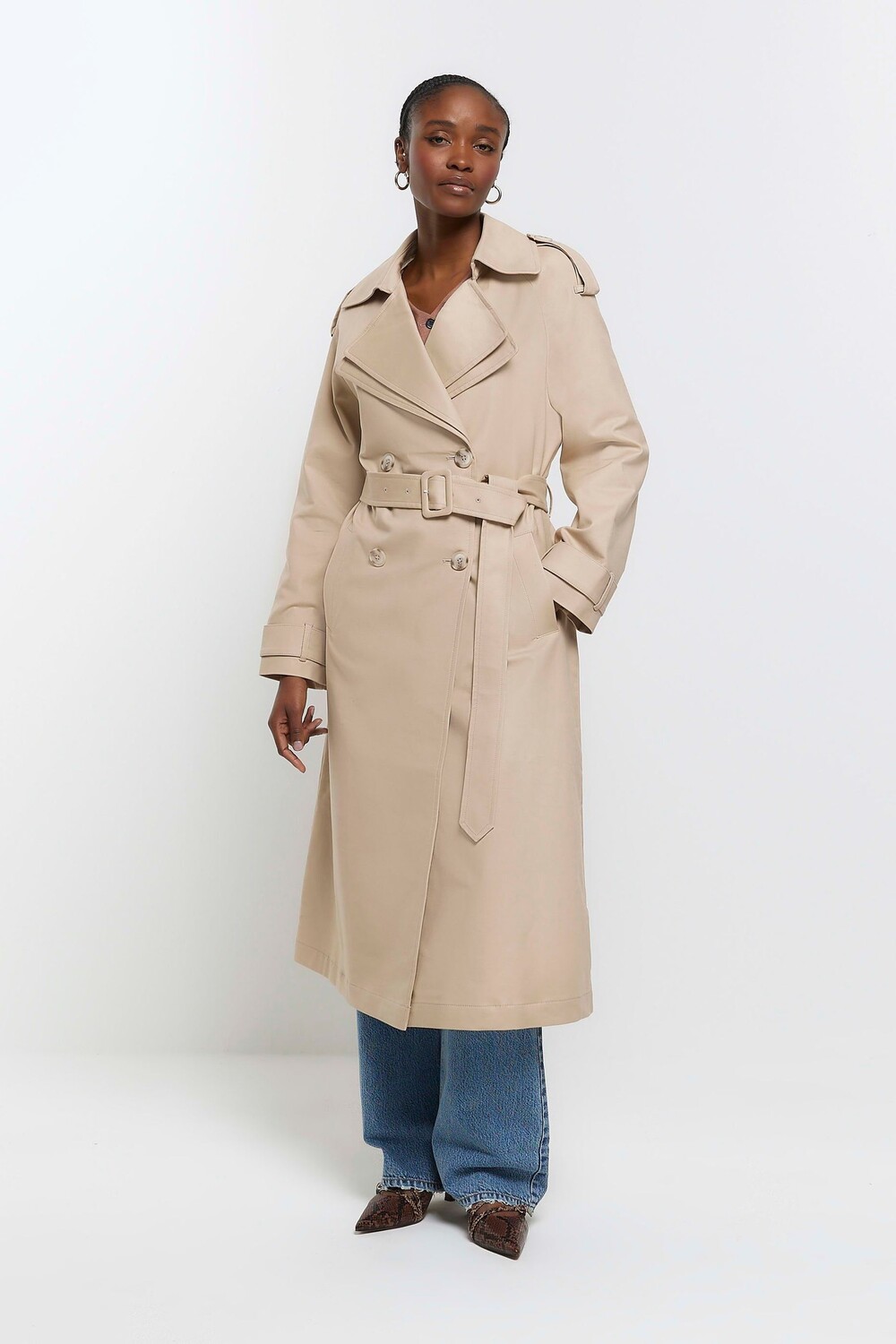 Тренч с двойным воротником и поясом River Island, коричневый 
Тренч с двойным воротником и поясом River Island, коричневый