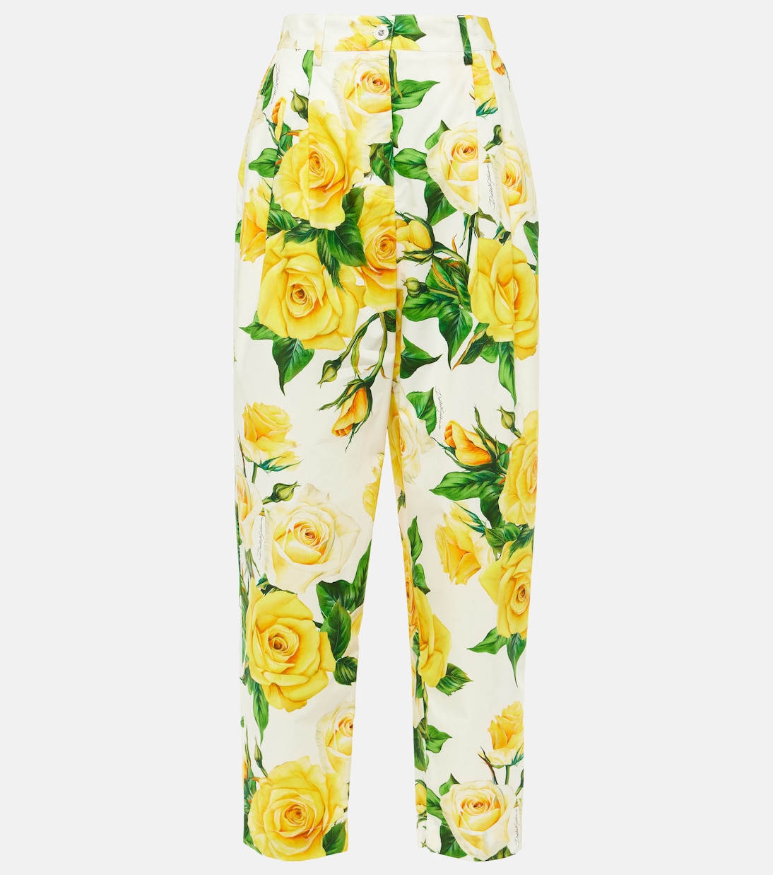 Укороченные хлопковые брюки с высокой талией и цветочным принтом Dolce&Gabbana, Rose Gialle Fdo Bco
Укороченные хлопковые брюки с высокой талией и цветочным принтом Dolce&Gabbana, Rose Gialle Fdo Bco