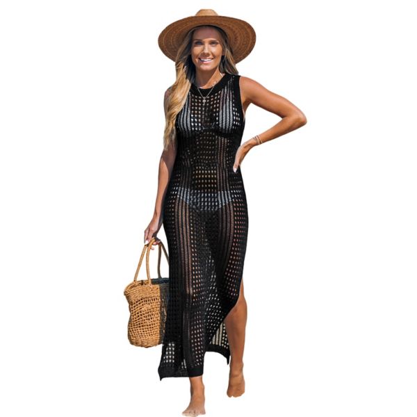 Женское открытое трикотажное платье-макси с разрезом по подолу Cupshe, черный