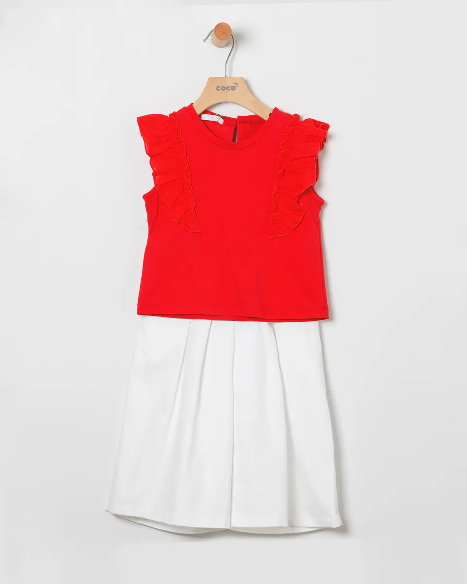 Комплект для девочки с оборчатой футболкой и простыми брюками Coco Acqua, красный
Комплект для девочки с оборчатой футболкой и простыми брюками Coco Acqua, красный