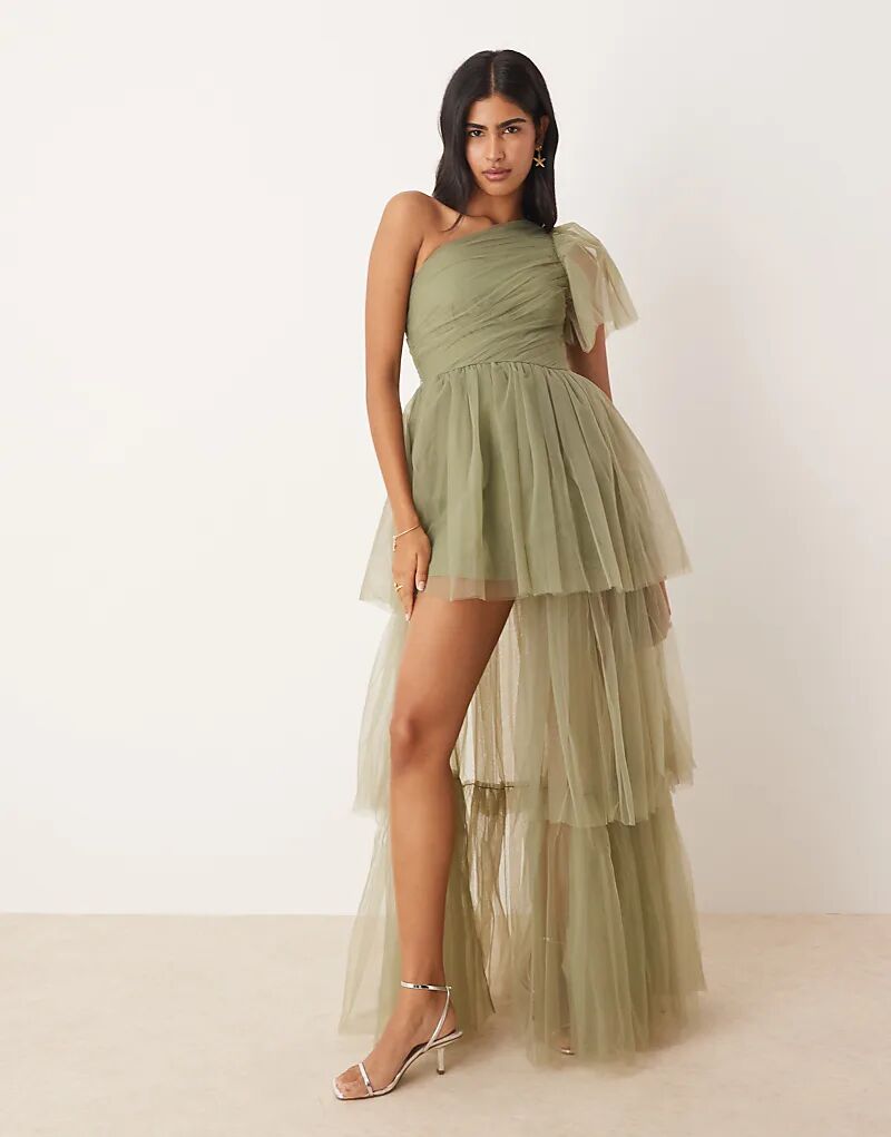 Платье макси из тюля с кружевом и бисером на одно плечо, многоярусное, нежно-оливкового цвета 
Платье макси из тюля с кружевом и бисером на одно плечо, многоярусное, нежно-оливкового цвета