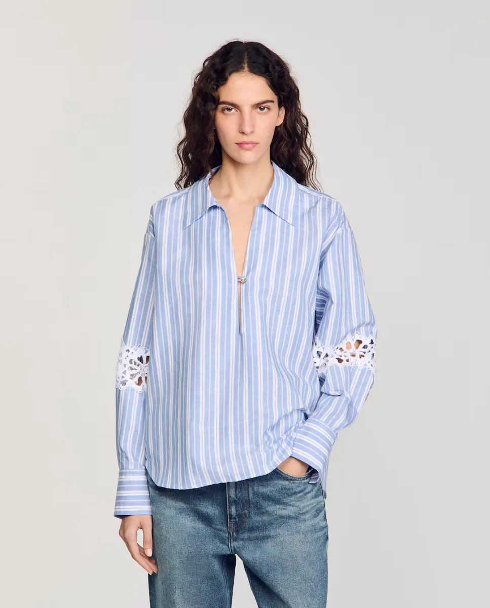 Женская полосатая рубашка с кружевом Sandro, светло-голубой
Женская полосатая рубашка с кружевом Sandro, светло-голубой