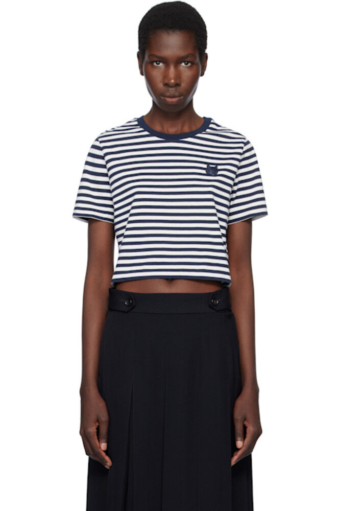 Футболка для малышей с яркой нашивкой в виде головы лисы с синими и белыми полосками Maison Kitsuné 
Футболка для малышей с яркой нашивкой в виде головы лисы с синими и белыми полосками Maison Kitsuné