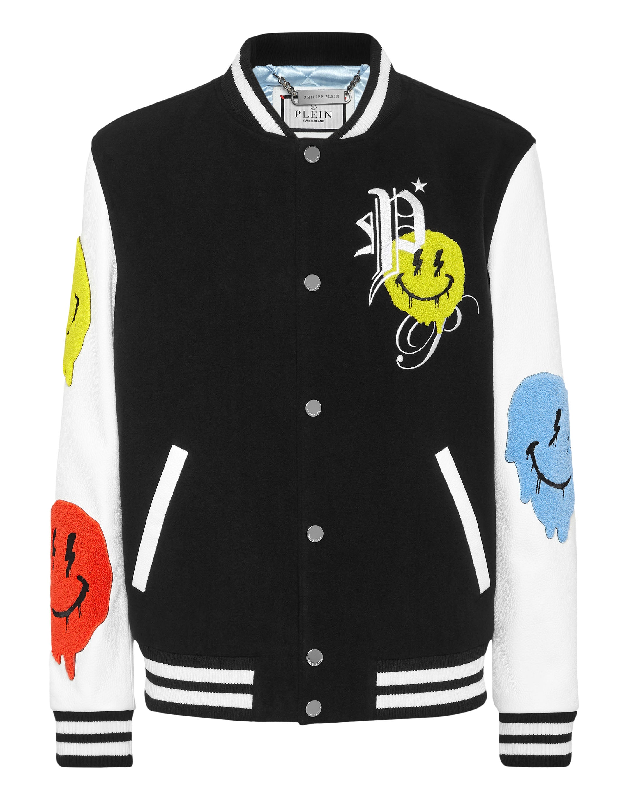 Шерстяная куртка-бомбер в стиле колледжа с кожаными рукавами Smile PHILIPP PLEIN, черный
Шерстяная куртка-бомбер в стиле колледжа с кожаными рукавами Smile PHILIPP PLEIN, черный