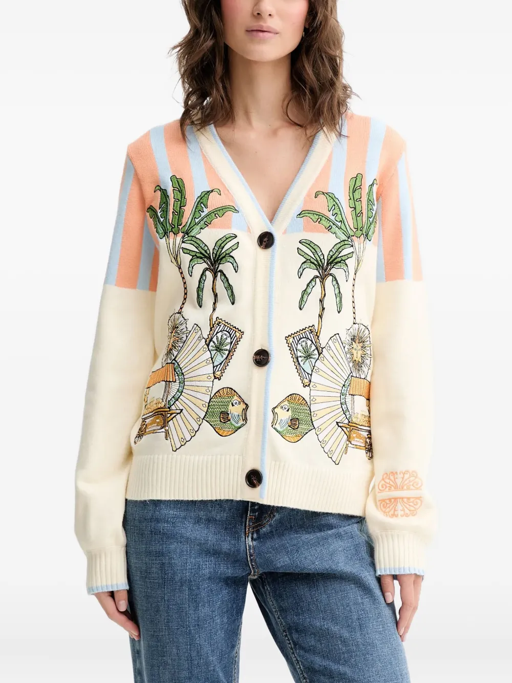 Кардиган с пальмами и полосатыми деталями Never Fully Dressed, кремовый
Кардиган с пальмами и полосатыми деталями Never Fully Dressed, кремовый