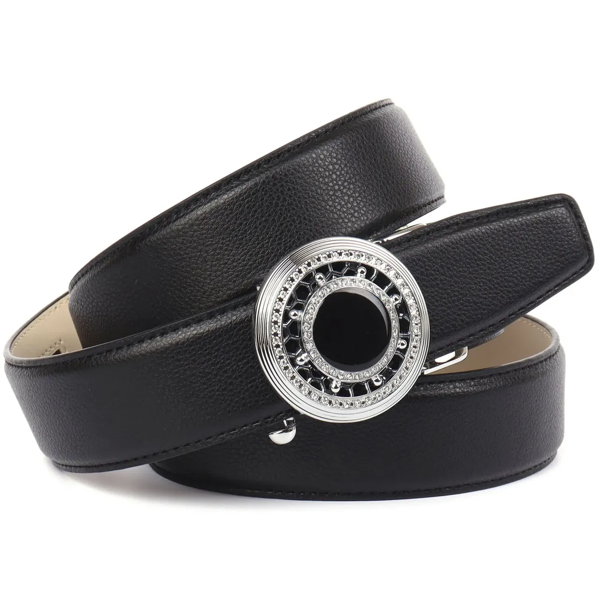 Кожаный ремень Anthoni Crown с автоматической застежкой серебристого цвета и вращающимся рулем, черный