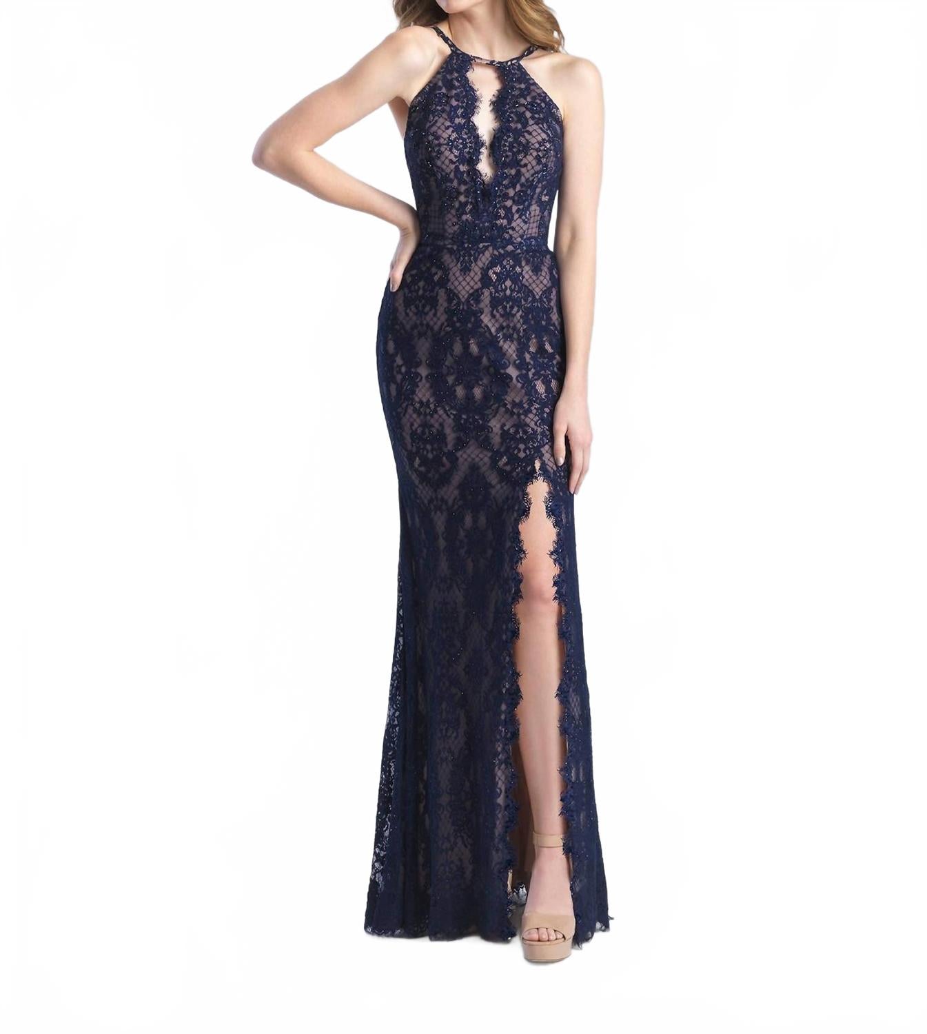 Кружевное вечернее платье-бюстье с разрезом в синем цвете Madison James
Кружевное вечернее платье-бюстье с разрезом в синем цвете Madison James