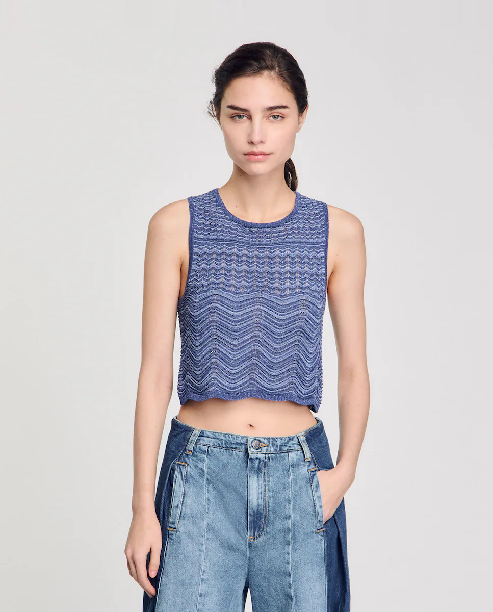 Женский блестящий трикотажный свитер без рукавов Sandro, синий
Женский блестящий трикотажный свитер без рукавов Sandro, синий