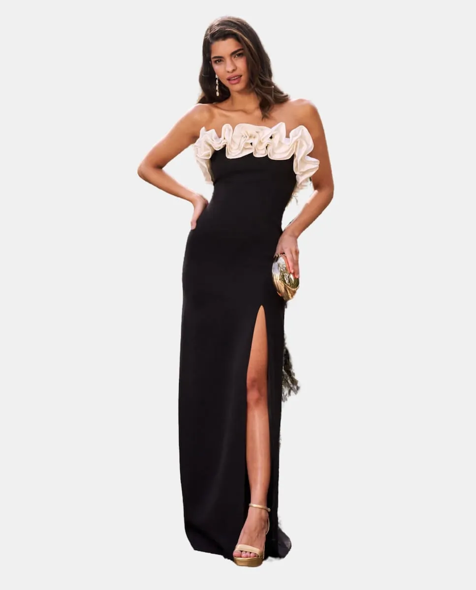 Длинное платье с декольте халтер и воланами Miphai, черный 
Длинное платье с декольте халтер и воланами Miphai, черный