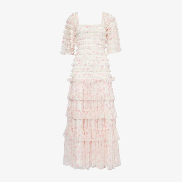 Платье миди Needle And Thread с мелким цветочным принтом с рюшами, розовый 
Платье миди Needle And Thread с мелким цветочным принтом с рюшами, розовый