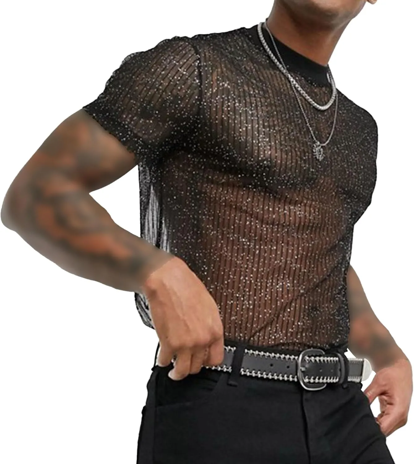 Мужская прозрачная футболка с коротким рукавом Fishnet Muscle Undershirts Slim Fit Mesh SWJGLITTR
Мужская прозрачная футболка с коротким рукавом Fishnet Muscle Undershirts Slim Fit Mesh SWJGLITTR