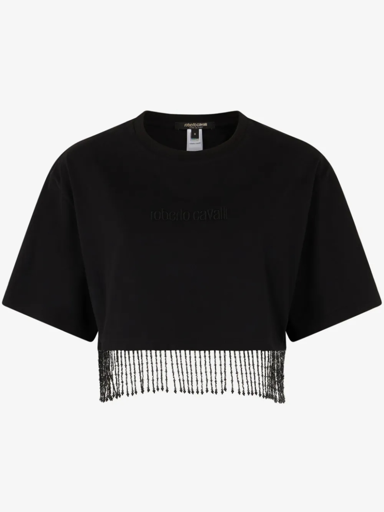 Укороченный топ с бахромой из бисера от Roberto Cavalli, черный 
Укороченный топ с бахромой из бисера от Roberto Cavalli, черный