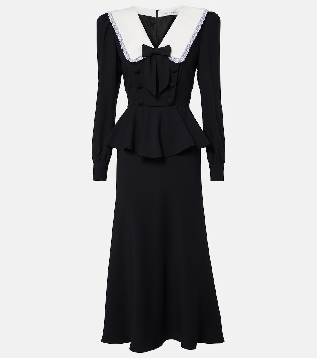 Платье миди из атласа с баской и бантом Alessandra Rich, черный 
Платье миди из атласа с баской и бантом Alessandra Rich, черный