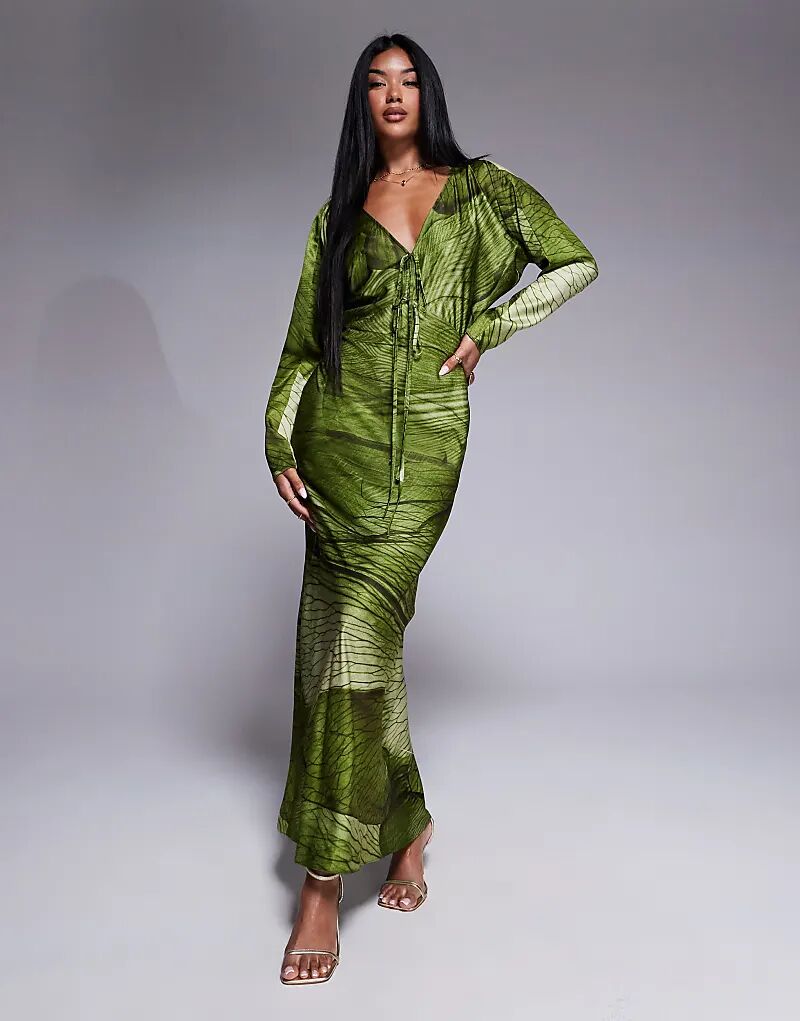 Платье миди с рукавами «летучая мышь» и завязками спереди с зеленым абстрактным принтом в виде листьев ASOS DESIGN