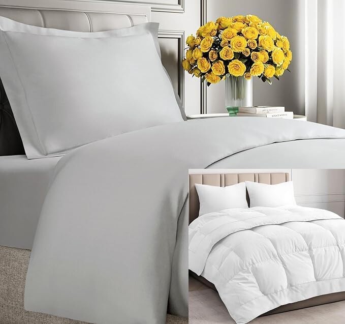 Светло-серое пуховое одеяло CGK Unlimited с одеялом (размер Twin/TXL) — очень мягкий пододеяльник с 1 наволочкой — альтернативное белое пуховое одеяло — роскошный постельный комплект