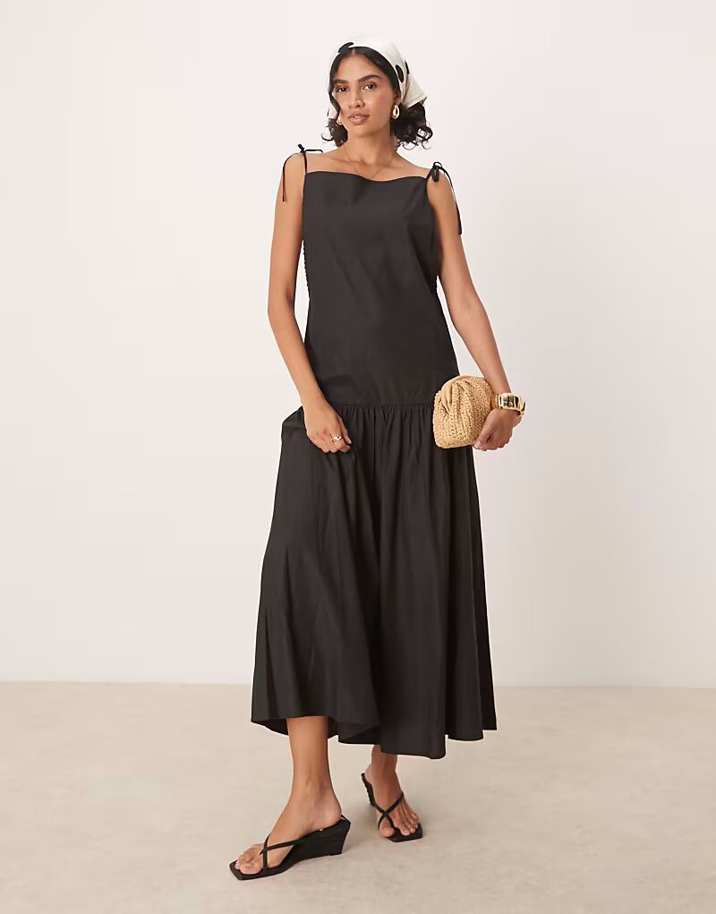 Платье миди с бантом на плече Ghospell черного цвета 
Платье миди с бантом на плече Ghospell черного цвета