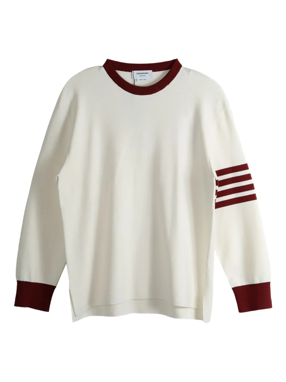 Свитер с круглым вырезом и четырьмя полосками THOM BROWNE, белый 
Свитер с круглым вырезом и четырьмя полосками THOM BROWNE, белый