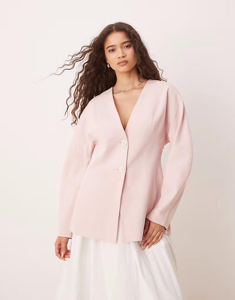 Пиджак без воротника ASOS DESIGN с зауженной талией и льном розового цвета 
Пиджак без воротника ASOS DESIGN с зауженной талией и льном розового цвета