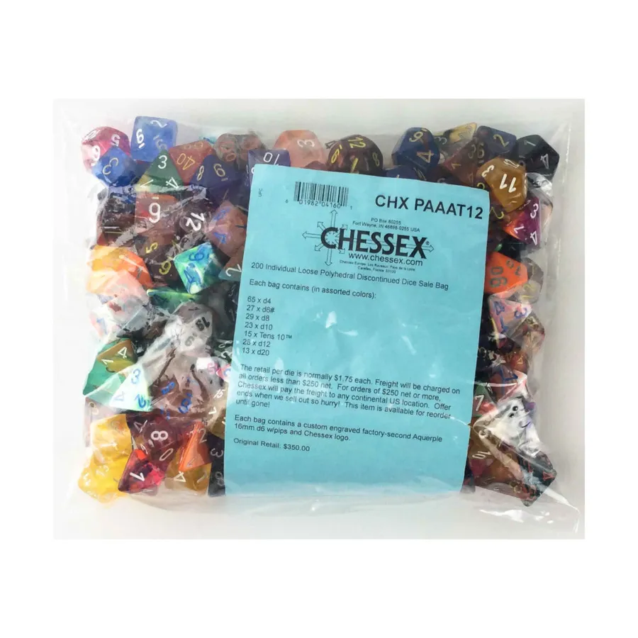 Ассорти снятых с производства многогранных кубиков (200), Dice - Bags of Dice (Assorted Colors) (Chessex)
Ассорти снятых с производства многогранных кубиков (200), Dice - Bags of Dice (Assorted Colors) (Chessex)