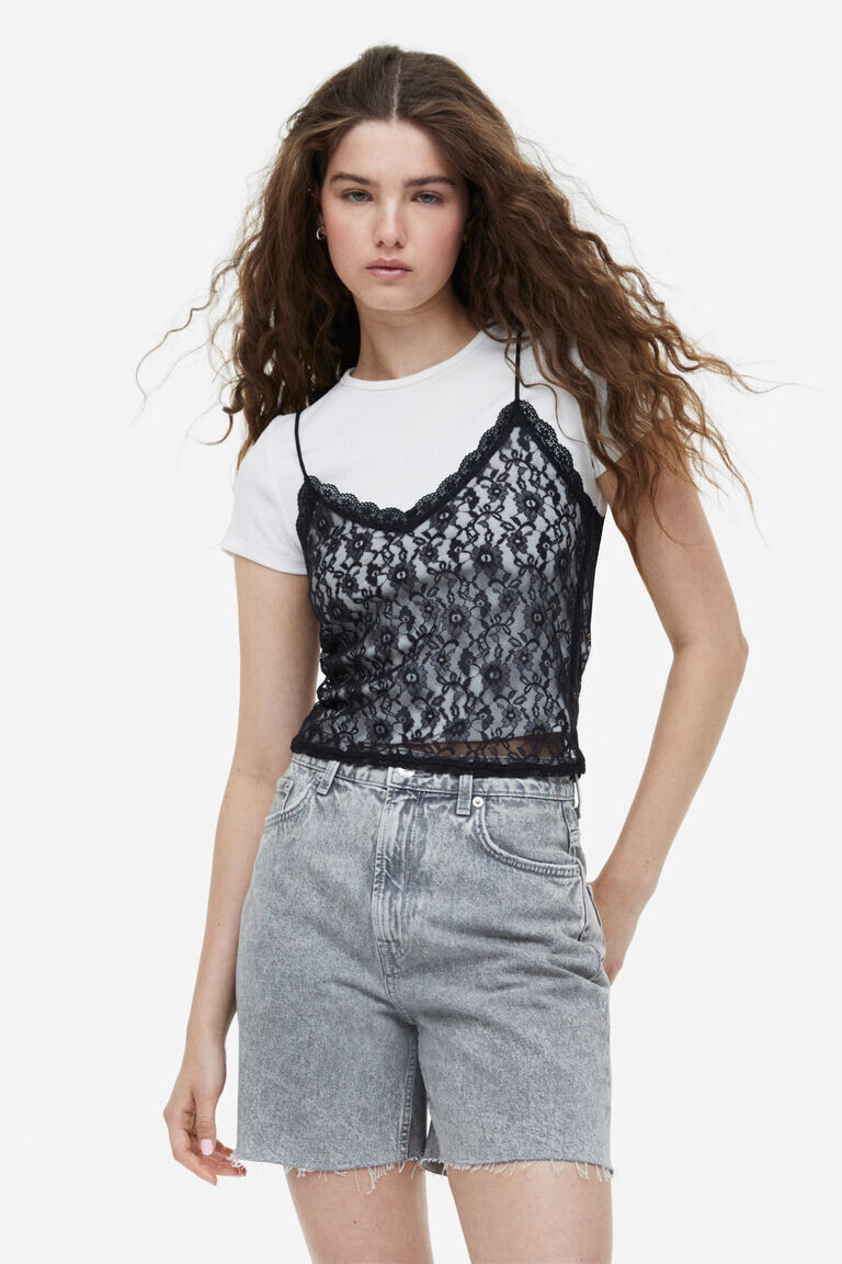 Прозрачный кружевной топ с бретелями H&M, черный
Прозрачный кружевной топ с бретелями H&M, черный