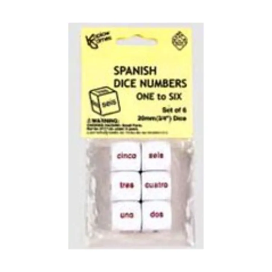 d6 20 мм игральные кости с числами 1–6 — испанские слова (6), Dice - Foreign Language Dice
d6 20 мм игральные кости с числами 1–6 — испанские слова (6), Dice - Foreign Language Dice