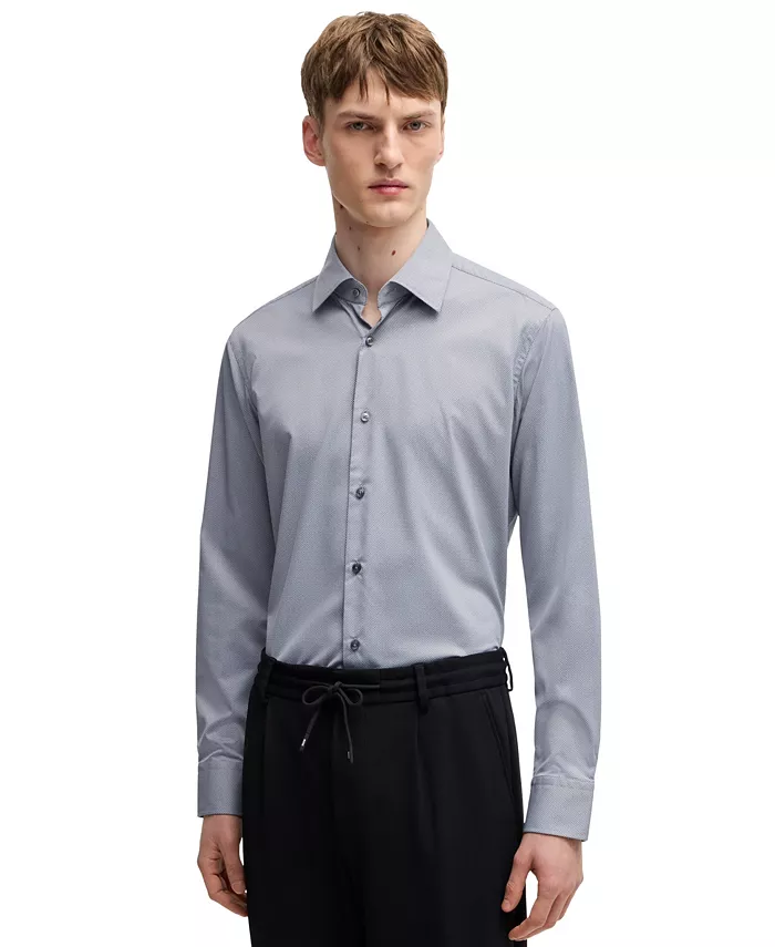 Мужская классическая рубашка Regular Fit из эластичной ткани с жесткой посадкой Hugo Boss, синий 
Мужская классическая рубашка Regular Fit из эластичной ткани с жесткой посадкой Hugo Boss, синий
