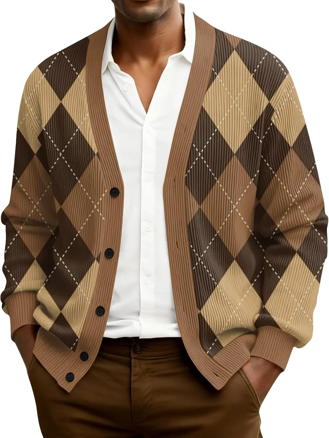 Мужской кардиган с пуговицами, легкий, V-образный вырез, узор аргайл
Мужской кардиган с пуговицами, легкий, V-образный вырез, узор аргайл