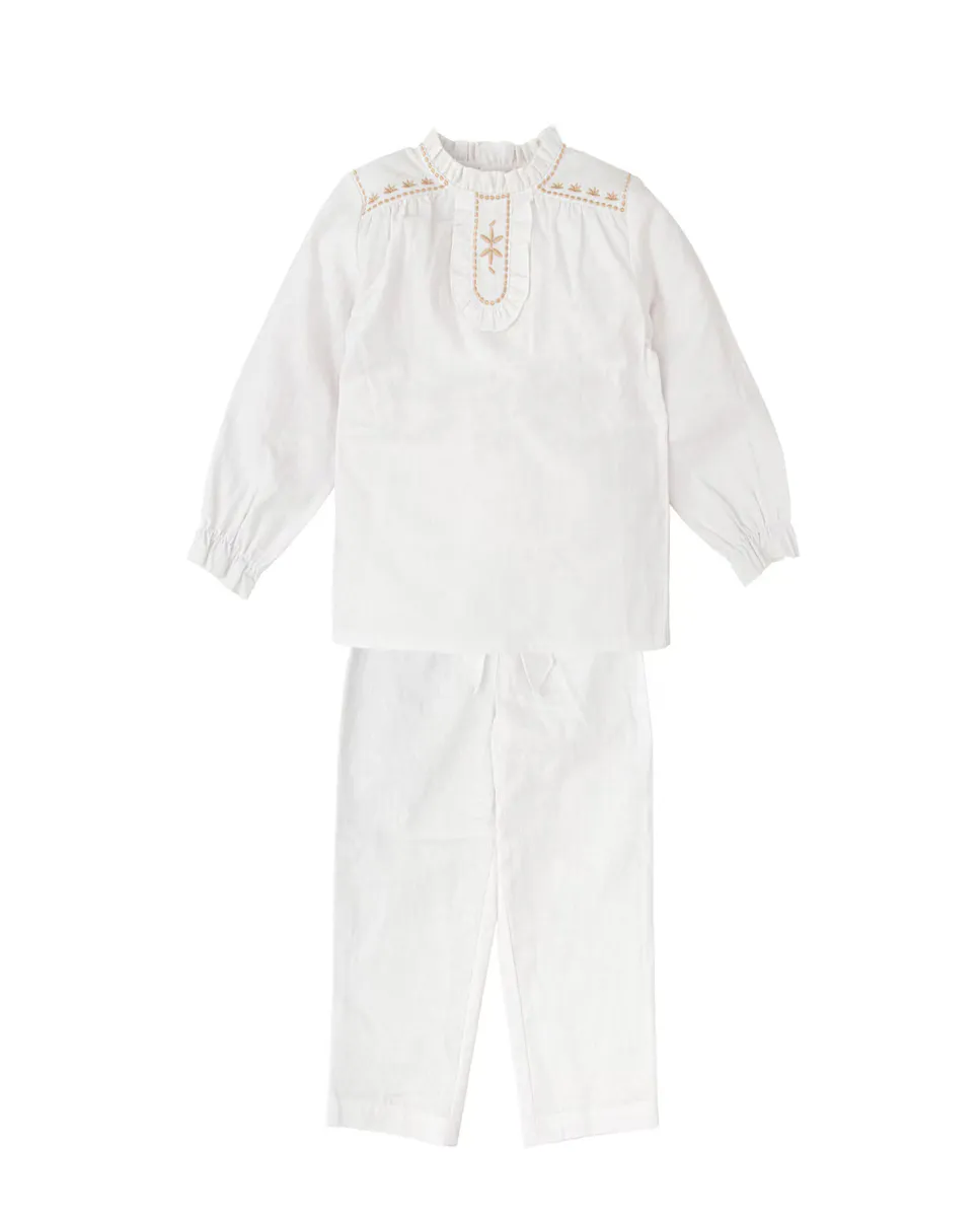 Комплект для девочки, состоящий из вышитой блузки с длинными рукавами и штанишек BABIDÚ, белый
Комплект для девочки, состоящий из вышитой блузки с длинными рукавами и штанишек BABIDÚ, белый