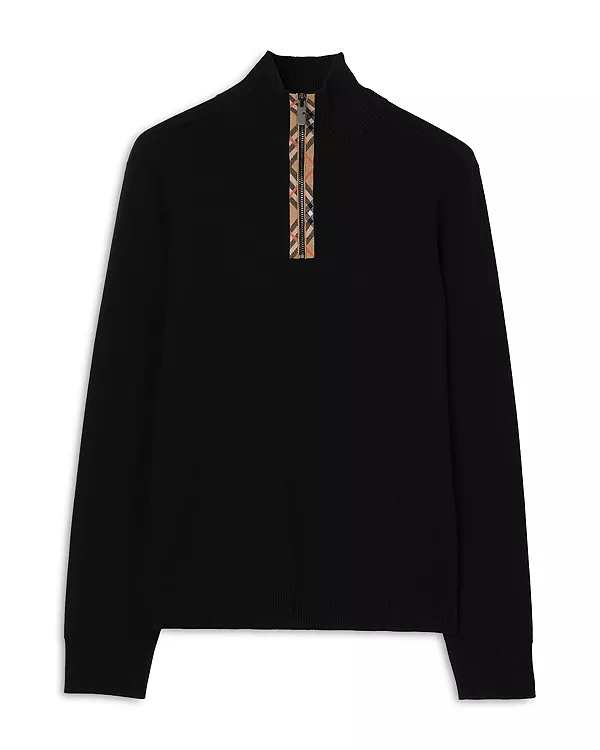 Шерстяной свитер с клетчатой отделкой и застежкой-молнией до середины груди Burberry, черный
Шерстяной свитер с клетчатой отделкой и застежкой-молнией до середины груди Burberry, черный