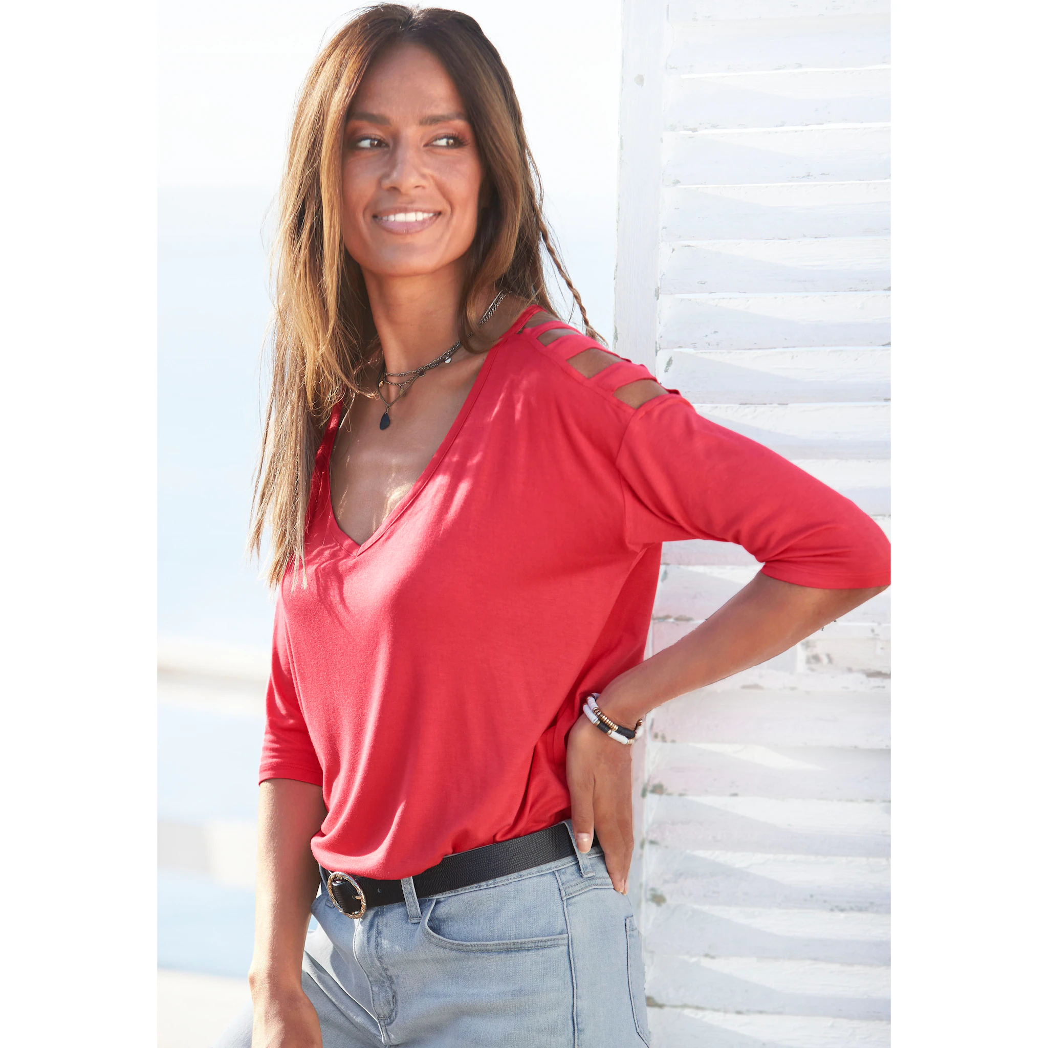 LASCANA Рубашка с рукавом 3/4, вырезами, изысканным длинным рукавом, с открытыми плечами, красный
LASCANA Рубашка с рукавом 3/4, вырезами, изысканным длинным рукавом, с открытыми плечами, красный