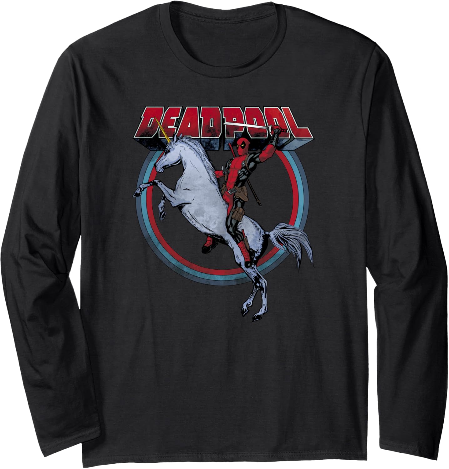 Футболка с длинными рукавами Marvel Deadpool Merck Riding A Unicorn Rainbow Circle, черная
Футболка с длинными рукавами Marvel Deadpool Merck Riding A Unicorn Rainbow Circle, черная