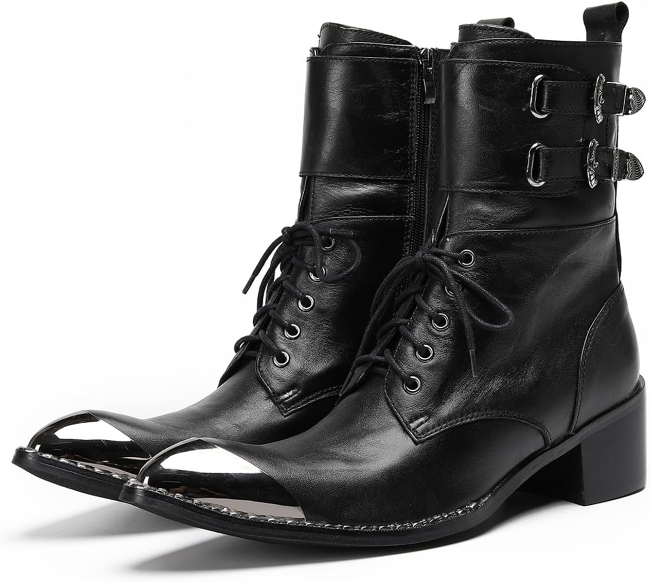 Мужские черные кожаные боевые ботинки Santimon с металлическим мыском - средние ковбойские ботинки на молнии с боковой застежкой и пряжкой, с блок-каблуком, готические панк-военные стильные ботинки для мужчин
Мужские черные кожаные боевые ботинки Santimon с металлическим мыском - средние ковбойские ботинки на молнии с боковой застежкой и пряжкой, с блок-каблуком, готические панк-военные стильные ботинки для мужчин